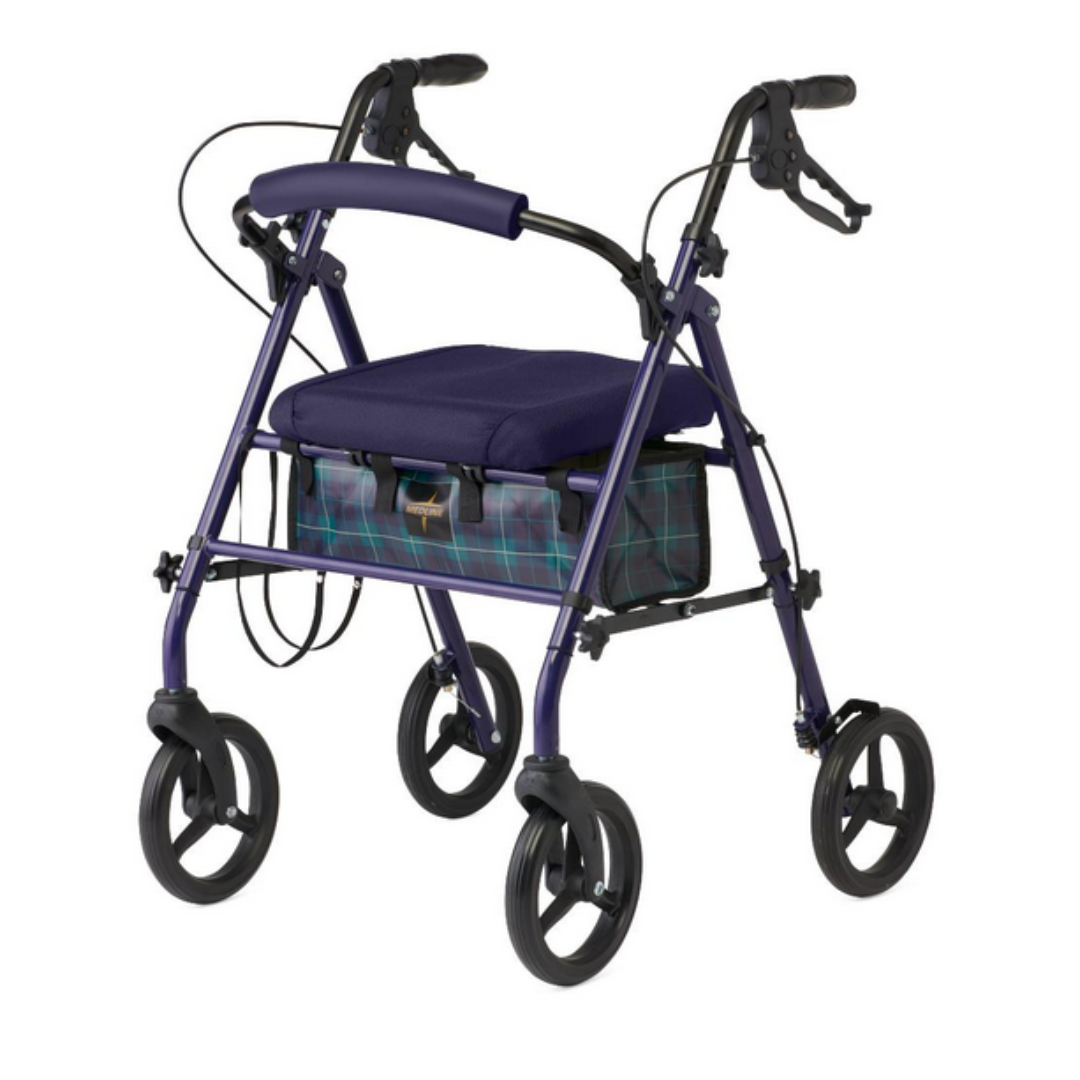 The Medline Steel Rollators with Microban, a stylish mobility aid, boasts a purple design with black handlebars. It has four large black wheels, a cushioned seat, and a plaid storage compartment beneath it—all enhanced with antimicrobial protection for added safety.